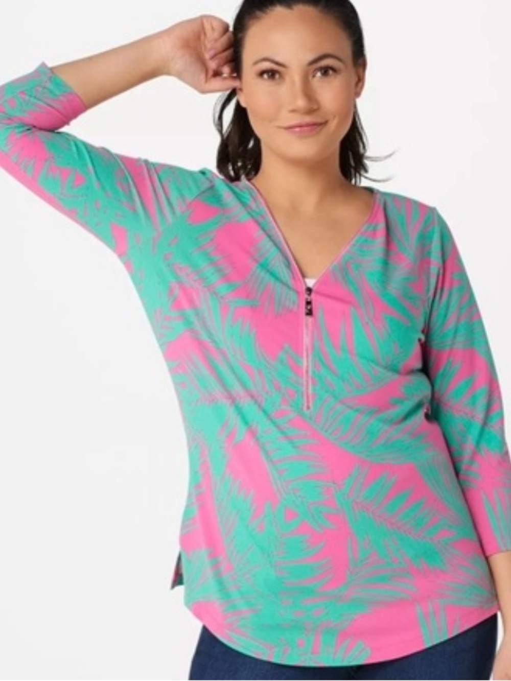 Belle by Kim Gravel Pink & Teal Palm-Print Ladies Too with Zip Front Sz Medium